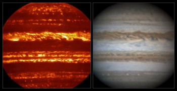 Pogląd ten porównuje obrazowanie Jowisza przez VISIR w podczerwieni (po lewej) i bardzo ostrego zdjęcia wykonanego przez amatora w świetle widzialnym w tym samym czasie (po prawej).