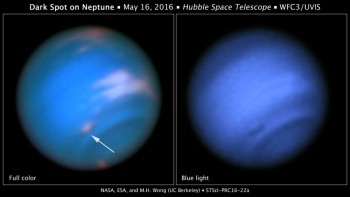 Nowy element, który pojawił się niedawno na Neptunie, widoczny na zdjęciu wykonanym przez Kosmiczny Teleskop Hubble’a. 