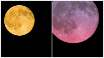 Księżyc w pełni 20 czerwca 2016 roku miał kolorowy odcień, stworzony przez światło przechodzące przez atmosferę ziemską. Dla podkreślenia tego niecodziennego zjawiska zdjęcie Nate’a Lauranta zostało podkolorowane. 