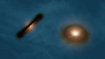 Artystyczna wizja podwójnego systemu HK Tau pokazuje dwa dyski protogwiezdne, które są pod kątem względem siebie. Mierzenie orientacji gwiazd w systemach wielokrotnych takich jak ten może pomóc astronomom dowiedzieć się, jak nowe gwiazdy tworzą takie systemy.