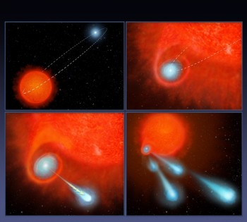 Wizja artystyczna ukazująca, w jaki sposób układ podwójny gwiazd V Hydrae wyrzuca kule plazmy w przestrzeń.