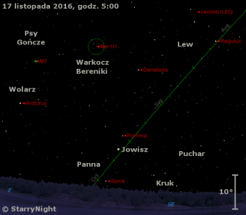 Położenie Jowisza i radiantu Leonidów w trzecim tygodniu listopada 2016 r.