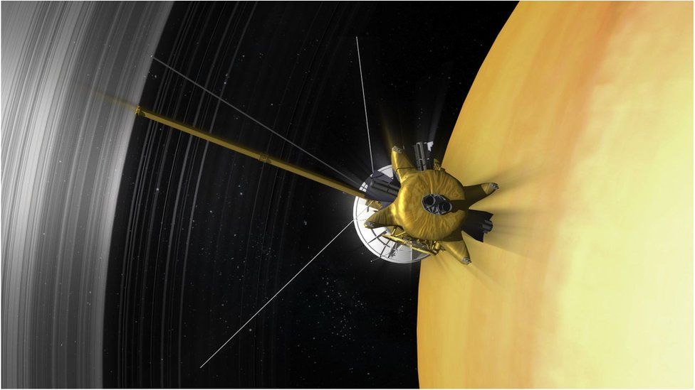 Cassini przelatująca między górnymi partiami atmosfery a pierścieniami Saturna.