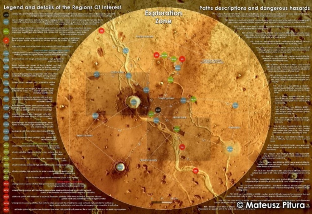 Praca konkursowa przedstawiająca region zainteresowania badaczy w przypadku ewentualnej misji na Marsa. Punkty symbolizujące szczególnie ciekawe miejsca zostały podzielone na trzy grupy według stopnia trudności dotarcia w dane miejsce od strefy lądowania znajdującej się na środku grafiki.