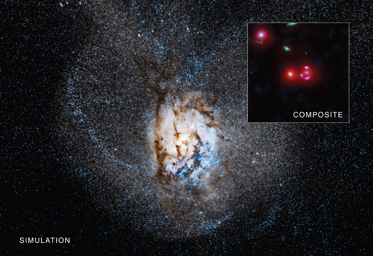 Symulacja połączenia dwóch galaktyk wskutek ich kolizji. W prawym górnym rogu znajduje się zdjęcie zrobione w podczerwieni i promieniowaniu rentgenowskim. 