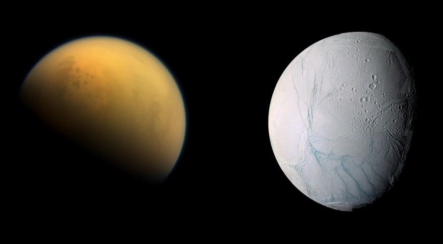 Tytan i Enceladus. Księżyce nie mają gęstej atmosfery, w której całkowicie spłonęłaby sonda.