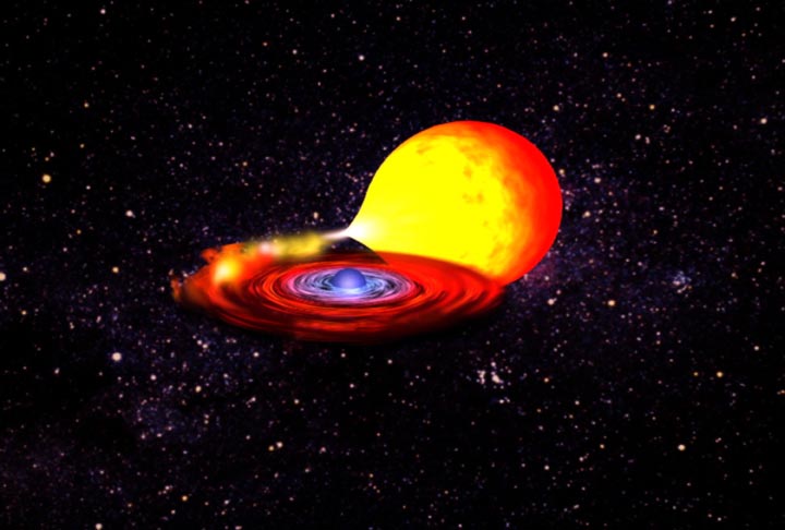 Artystyczna wizja układu kataklizmicznego, w którym zdegenerowana gwiazda pochłania materię towarzyszącej jej, mniej masywnej gwiazdy.