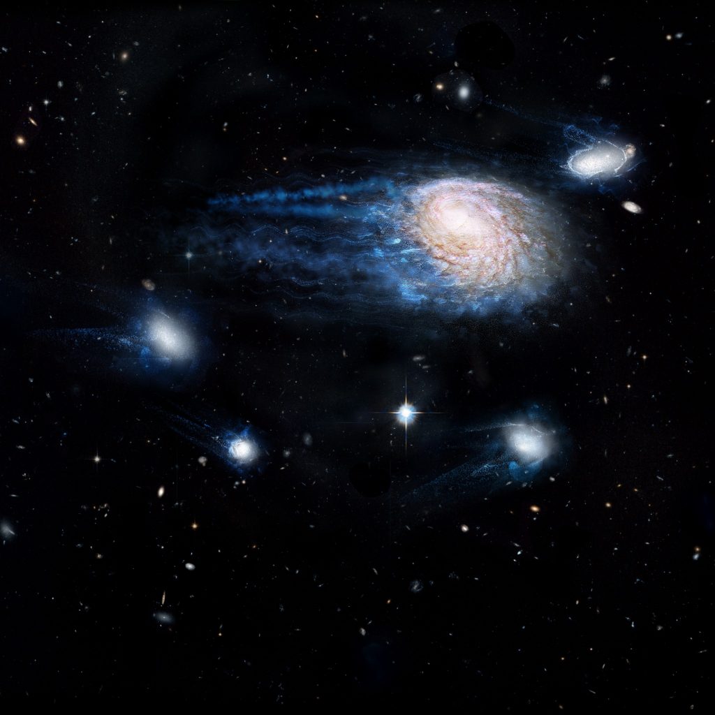 Artystyczna wizja procesu ram-pressure stripping galaktyki NGC 4921