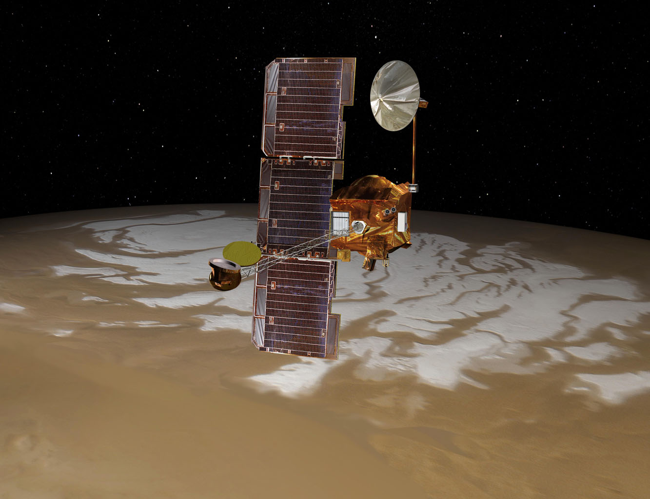Artystyczna wizja satelity Mars Odysseus Orbiter.