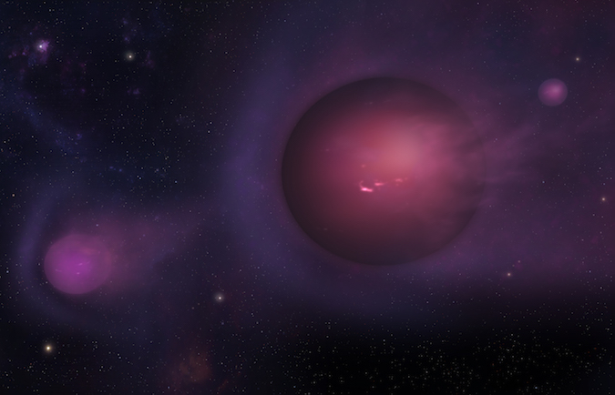 Wizja artystyczna przedstawia kilka obiektów o masie planety, które są wyrzucane z centrum galaktyki z prędkością 10 tysięcy kilometrów na sekundę. Uformowały się one z fragmentów gwiazdy rozerwanej przez czarną dziurę.