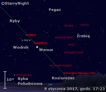 Położenie planet Wenus, Mars i Neptun oraz komety 45P (Honda-Mrkos-Pajduszakowa) w drugim tygodniu stycznia 2017 r.