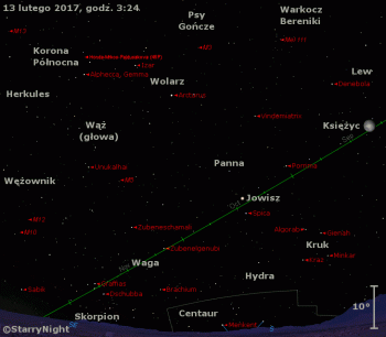 Położenie Księżyca, Jowisza oraz komety 45P Honda-Mrkos-Pajduszakowa w trzecim tygodniu lutero 2017 r.