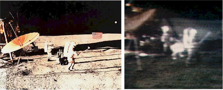 Alan Shepard grający w golfa. Po prawej stronie ujęcie z kamery telewizyjnej. 