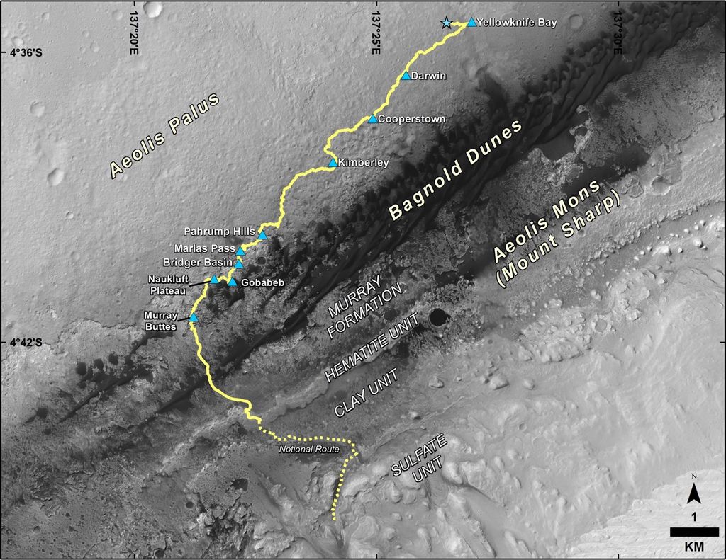 Droga jaką pokonał łazik Curiosity od wylądowania na Marsie w 2012 roku.