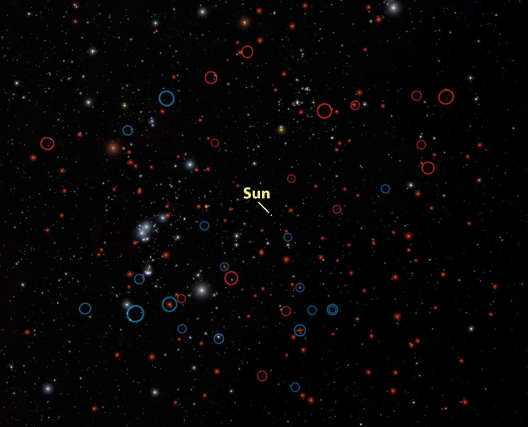 Nasze kosmiczne podwórko widziane z odległości 30 lat świetlnych. Czerwone okręgi wskazują brązowe karły odkryte dzięki teleskopowi WISE agencji NASA.