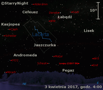 Położenie komety C/2017 E4 (Lovejoy) w pierwszym tygodniu kwietnia 2017 r.