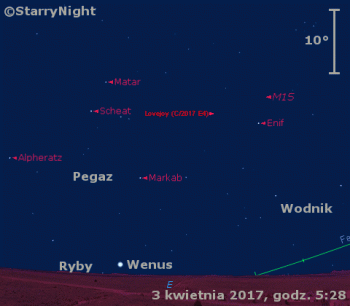 Położenie Wenus i komety C/2017 E4 (Lovejoy) w pierwszym tygodniu kwietnia 2017 r.