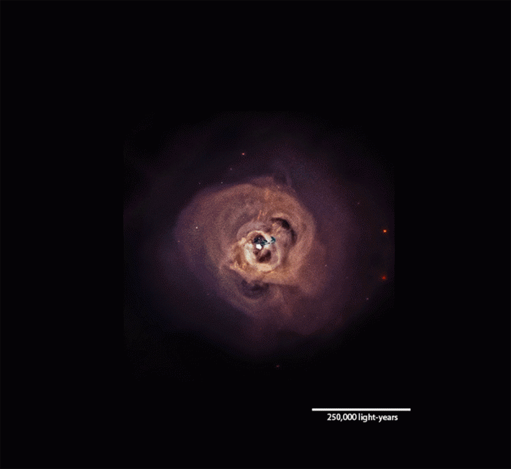 Animacja pokazuje dwa obrazy gromady w Perseuszu. Mniejszy z nich przedstawia najlepsze ujęcie wnętrza gromady zrobione przez teleskop Chandra, a drugi obraz jest wynikiem połączenia danych z różnych obserwacji i ich obróbki.