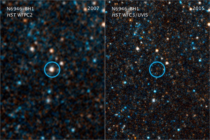 Połączone zdjęcie w zakresie widzialnym i podczerwonym. Kółkiem oznaczono gwiazdę N6946-BH1. Po lewej obraz z roku 2007, a po prawej z 2015.