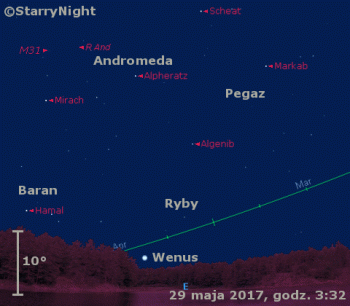 Położenie Wenus i mirydy R And na przełomie maja i czerwca 2017 r.