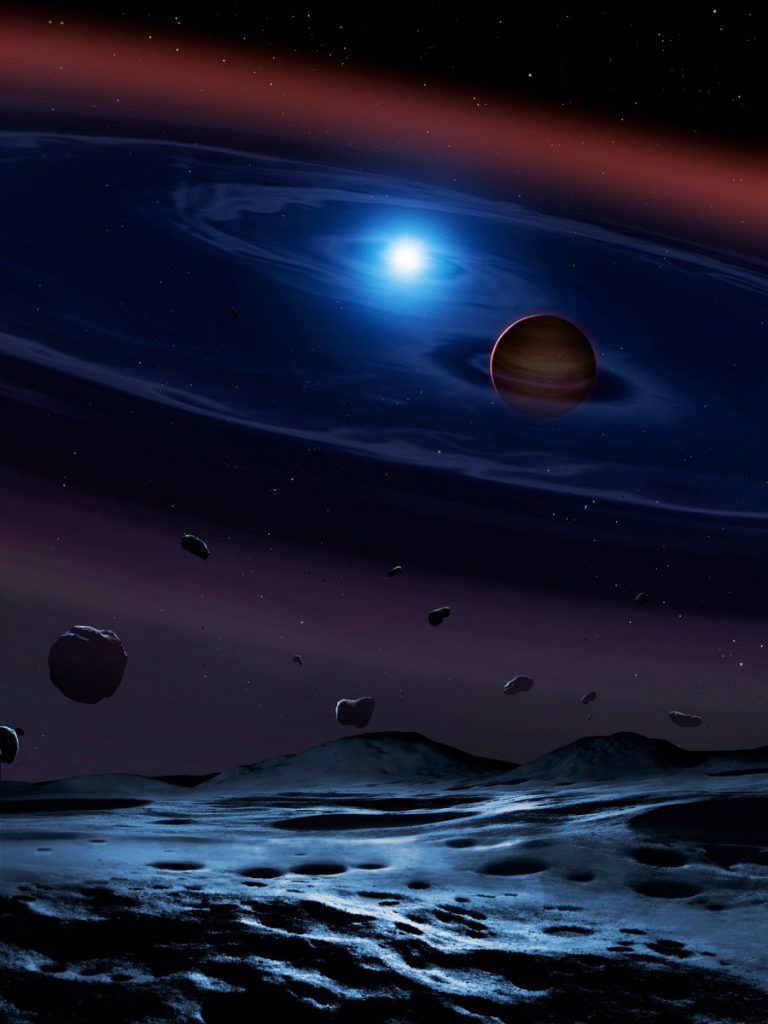 Wizja artystyczna - dysk składający się z odłamków rozbitych planetozymali otacza układ podwójny składający się z białego i brązowego karła. Biały karzeł to wypalone jądro gwiazdy, która byłą podobna do Słońca. Brązowy karzeł jest jedynie 60 razy masywniejszy od Jowisza. Okrążają się one w okresie trochę krótszym od dwóch godzin.