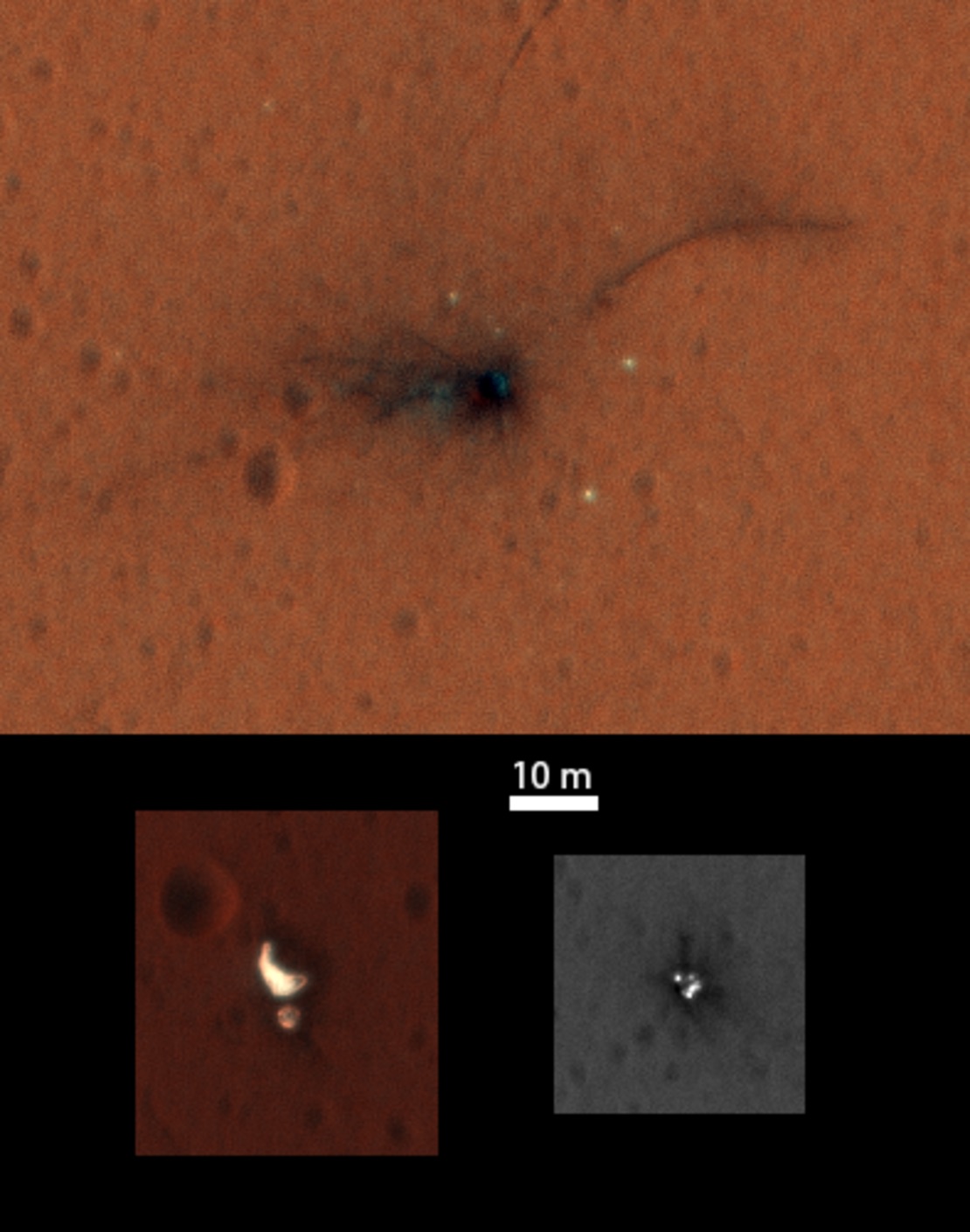 Miejsce katastrofy wraz z widocznymi elementami modułu na zdjęciach wykonanych przez HiRISE 1 listopada 2016 r.