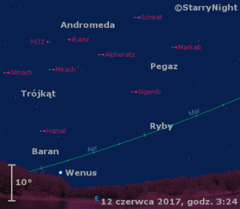 Położenie Wenus i mirydy R And oraz Księżyca na początku drugiej dekady czerwca 2017 r.