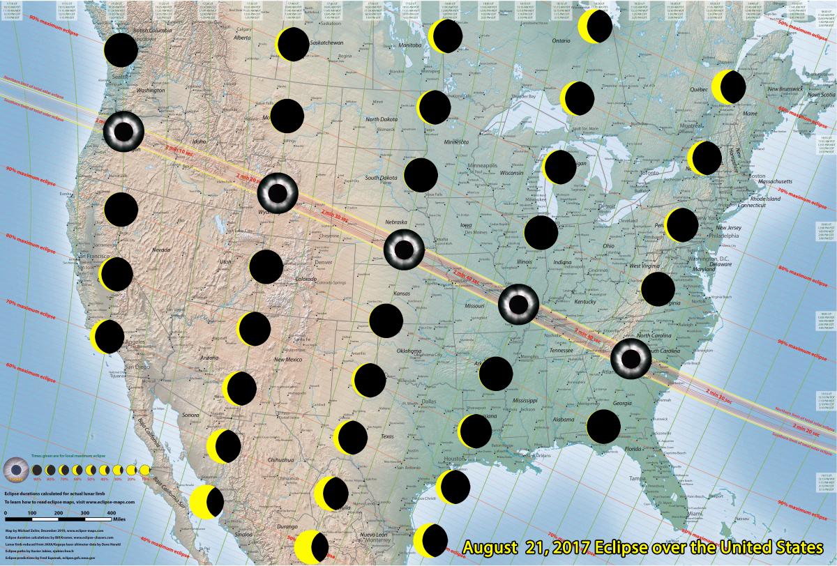 Mapa ukazująca przebieg całkowitego zaćmienia Słońca dla obserwatorów znajdujących się na terenie Ameryki Północnej.