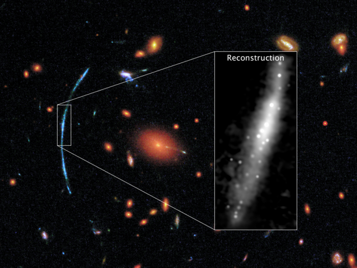 Obraz odległej gromady galaktyk, który składa się z trzech zdjęć wykonanych przez Kosmiczny Teleskop Hubble'a.  Niebieski łuk przedstawia galaktykę, której obraz został zniekształcony przez soczewkowanie grawitacyjne. W ramce przedstawiono, jak wyglądałaby w rzeczywistości.