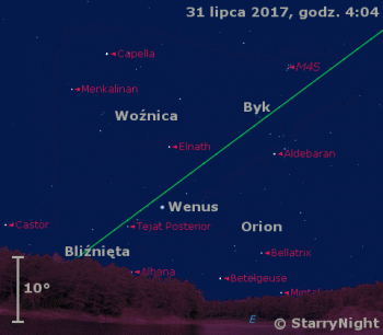 Położenie Wenus w pierwszym tygodniu sierpnia 2017 r.