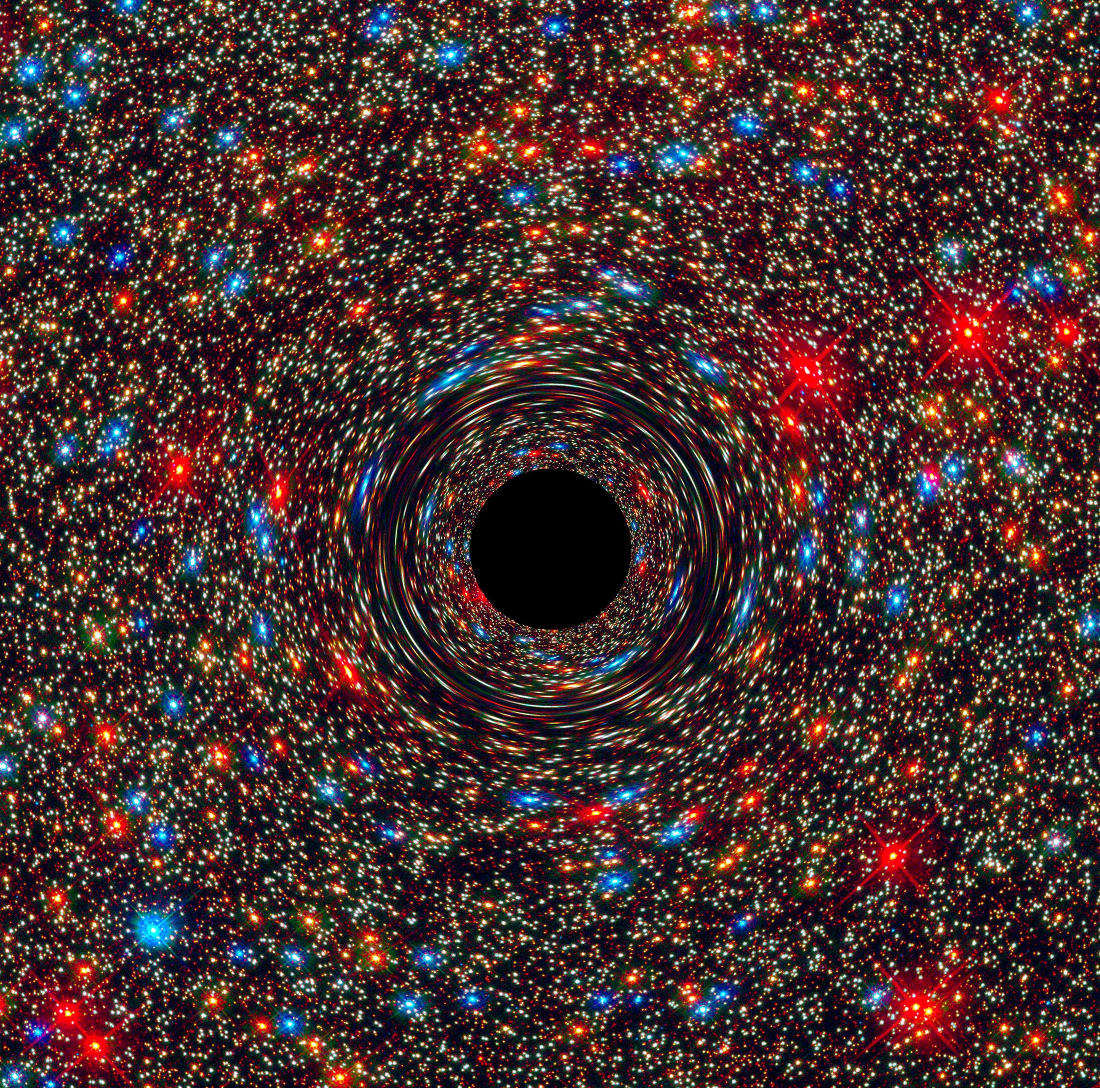 Nie jest to pierwotna czarna dziura, a komputerowa symulacja „normalnej” czarnej dziury znajdującej się w centrum galaktyki NGC 1600, jednej z najbardziej masywnych, które dotąd poznaliśmy.