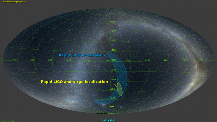 Porównanie precyzji uzyskanej dzięki dwóm (LIGO) oraz trzem detektorom (LIGO + Virgo)