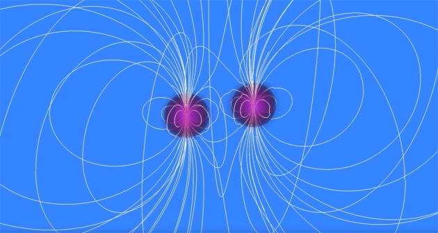 Symulacja zderzenia gwiazd neutronowych. Linie pola magnetycznego zostały zaznaczone na biało.