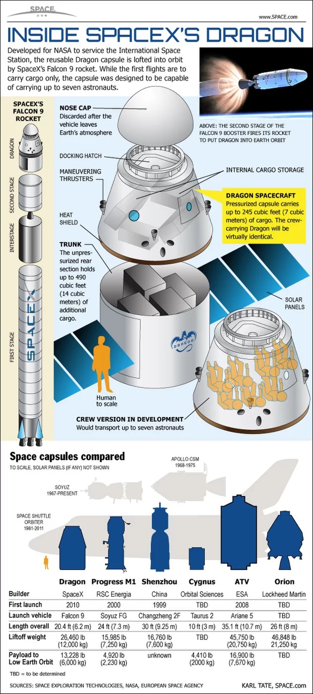 Budowa flagowych produktów SpaceX. Na grafice przedstawiono schemat rakiety Falcon 9 oraz wnętrze kapsuły Dragon, wraz z porównaniem jej do innych tego typu obiektów.
