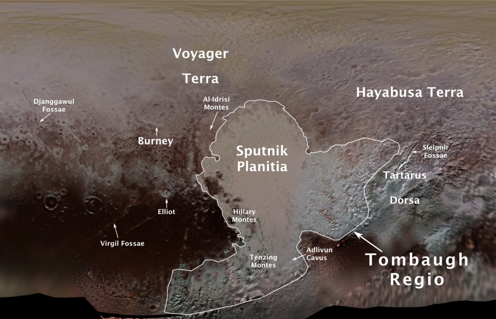 Nowe oficjalne nazwy obszarów na Plutonie na mapie stworzonej na podstawie danych z 2015 roku.