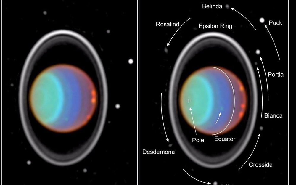 Kosmiczny Teleskop Hubble'a zauważył osiem z księżyców Urana podczas śledzenia chmur w atmosferze lodowego giganta.