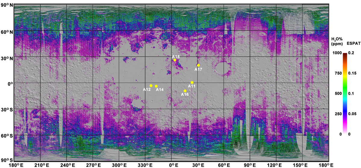 Mapa Księżyca uzyskana dzięki instrumentowi M^3 (Moon Mineralogy Mapper). Żółte kropki to miejsca lądowań misji Apollo.