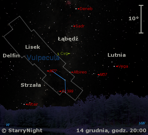 Położenie gwiazdy zmiennej χ Cygni w połowie grudnia.