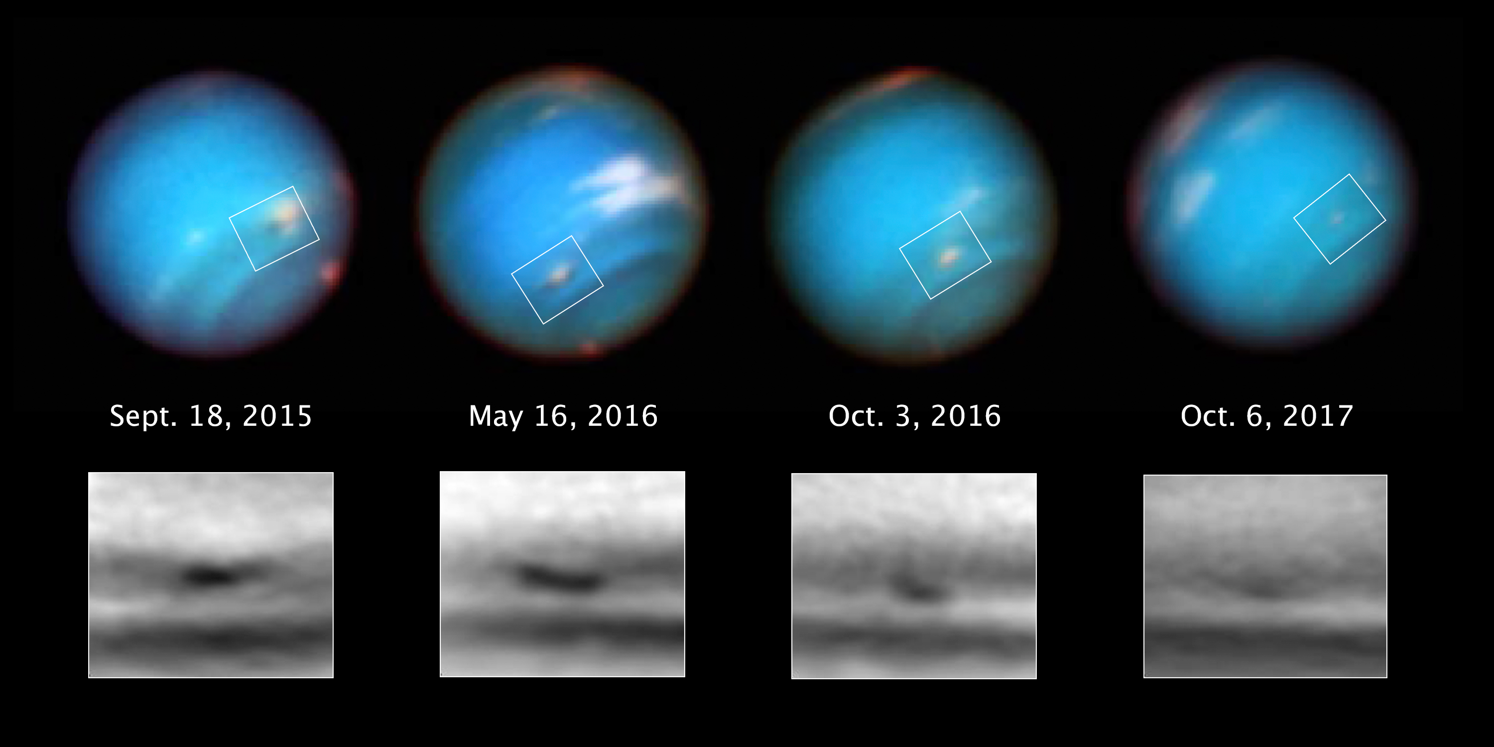 Seria fotografii wykonanych przez Kosmiczny Teleskop Hubble'a pokazuje gasnący cyklon na Neptunie. Owalna plama zmniejszyła się z ok. 5000 km do ok. 3700 km wzdłuż jej dłuższej osi w okresie obserwacji przez Teleskop Hubble'a.