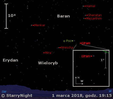 Położenie planety Uran oraz gwiazdy zmiennej Mira Ceti na przełomie lutego i marca 2018 r.