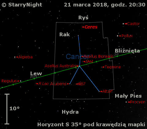 Położenie planety karłowatej (1) Ceres oraz mirydy R Leo w trzecim tygodniu marca 2018 roku.