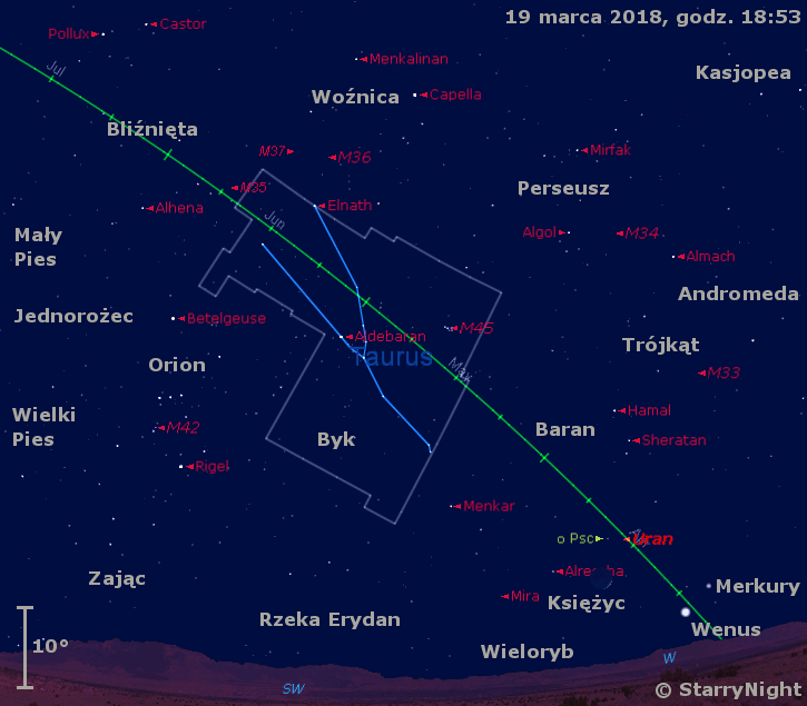 Położenie Księżyca, planet Merkury, Wenus i Uran oraz gwiazdy Mira Ceti w trzecim tygodniu marca 2018 roku