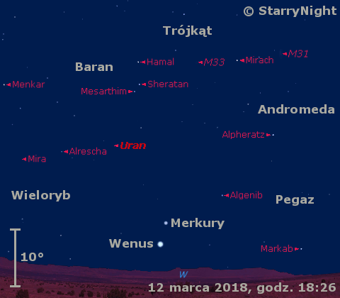 Położenie planet Merkury, Wenus i Uran, Miry oraz Księżyca na początku drugiej dekady marca 2018 r.