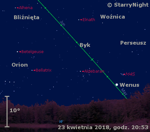 Położenie Wenus w czwartym tygodniu kwietnia 2018 r.