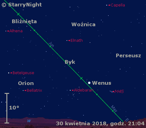 Położenie Wenus w pierwszym tygodniu maja 2018 r.