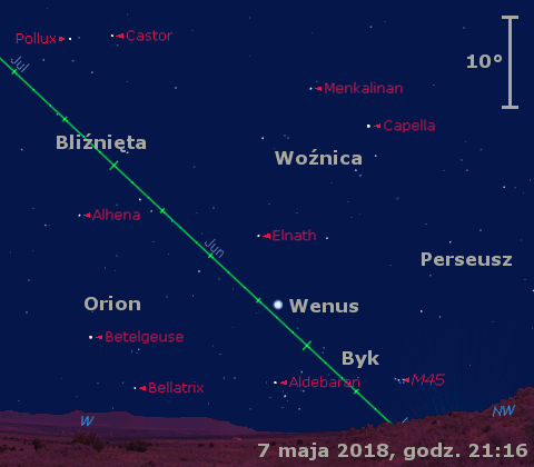 Położenie Wenus w drugim tygodniu maja 2018 r.