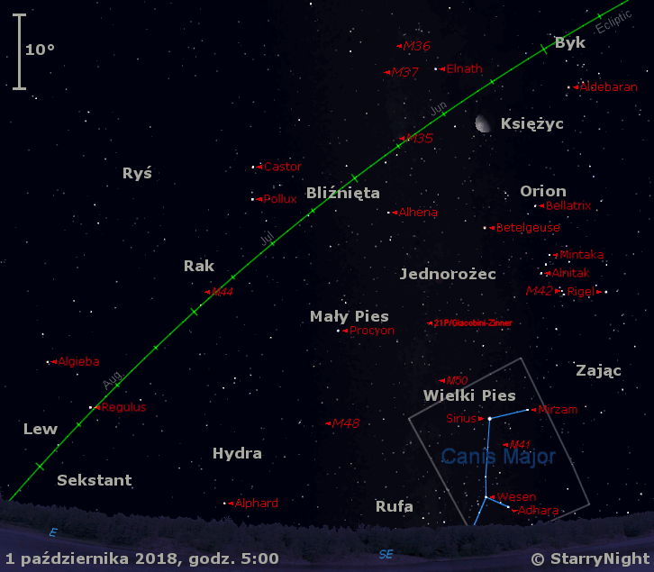 Położenie Księżyca i komety 21P/Giacobini-Zinner w pierwszym tygodniu października 2018 r.