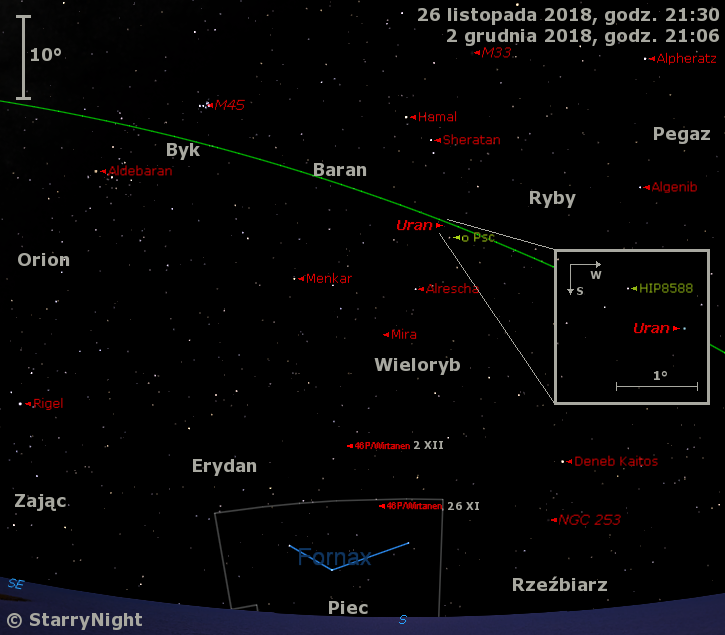 Położenie Urana i komety 46P/Wirtanen w ostatnim tygodniu listopada 2018 r.