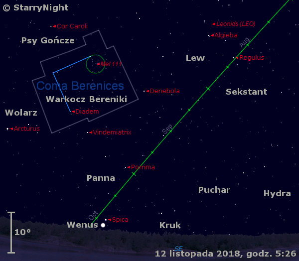Położenie Wenus i radiantu Leonidów na początku drugiej dekady listopada 2018 r.