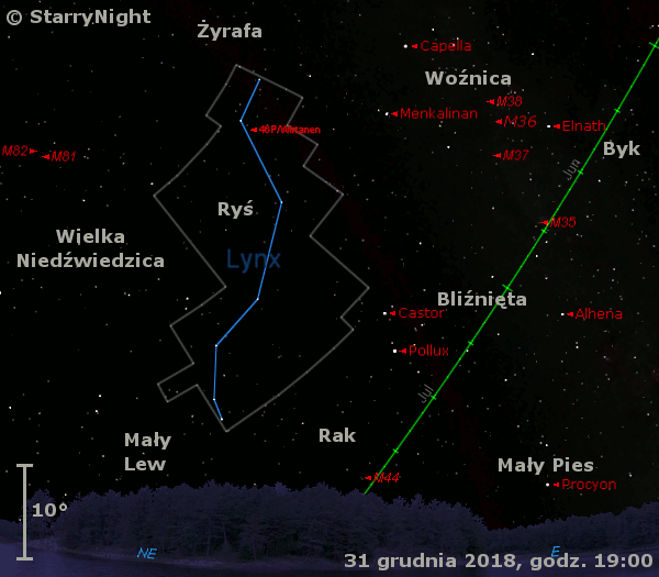 Położenie komety 46P/Wirtanen w pierwszym tygodniu stycznia 2019 r.